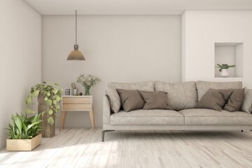 Stylish room in white color with sofa. Scandinavian interior design. 3D illustration