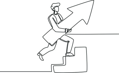 Single one line drawing of businessman with arrow walking up stairway to high target. Business concept growth and path to success. Modern continuous line draw design graphic vector illustration.