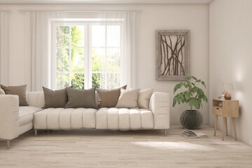 Stylish room in white color with sofa and summer landscape in window. Scandinavian interior design. 3D illustration