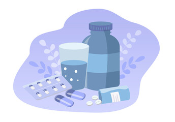 vector illustration on the theme of pharmacy, drugstore, medicines, drugs, vitamins. various tablets, pills, tubes and jars of medicines and glass of water