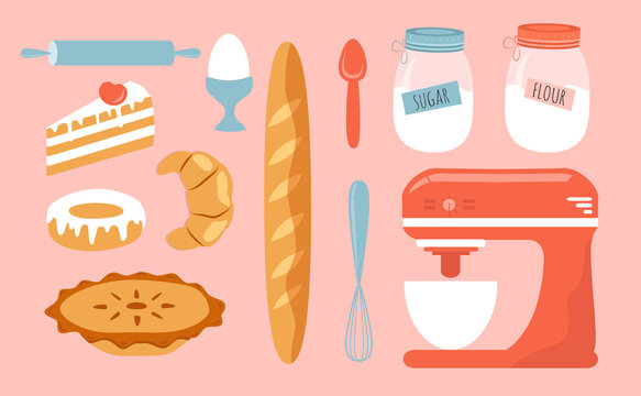 vector illustration in a flat style - a set of pictures on the theme of baking. Mixer, flour, pastries,  products and tools for baking