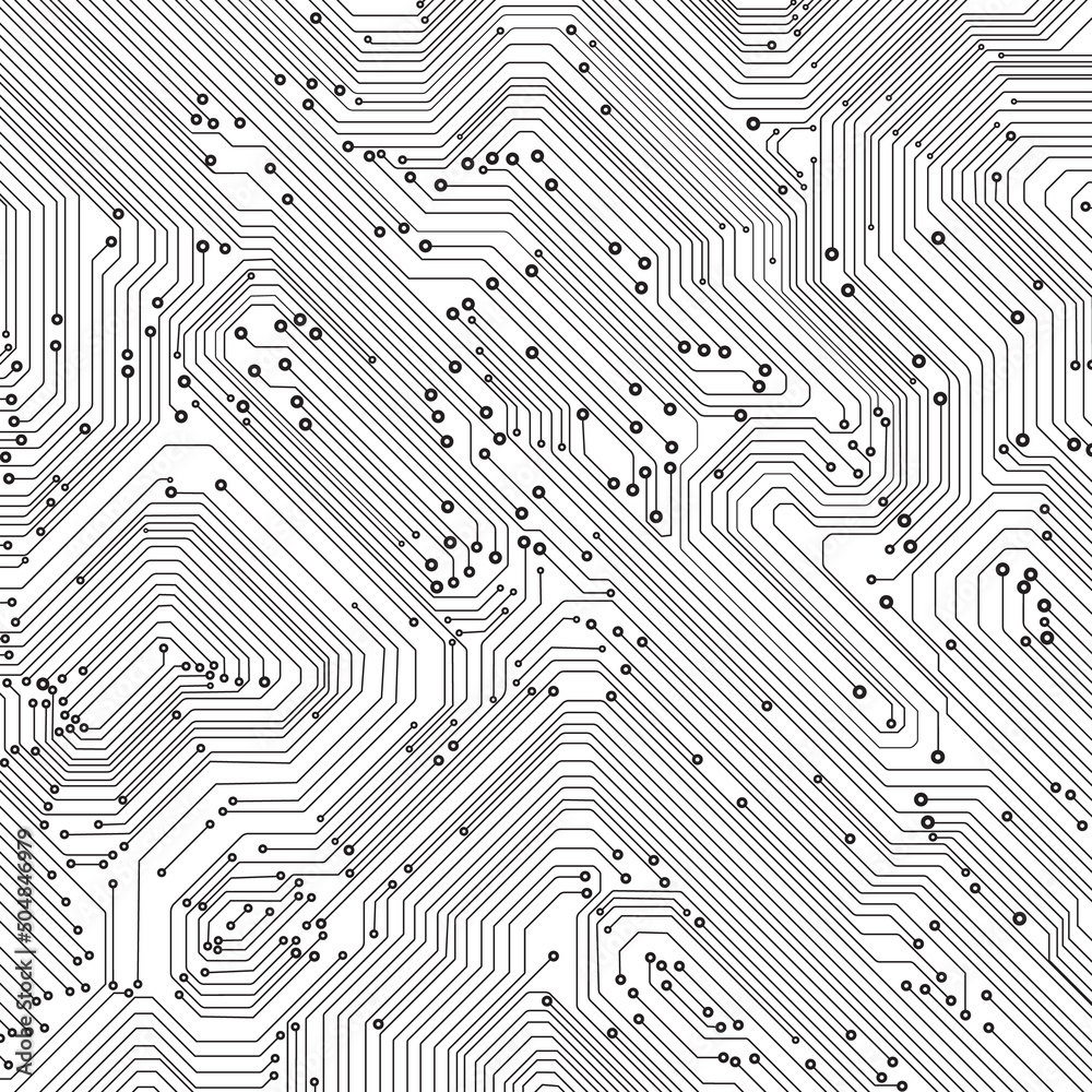Poster Circuit Board Technology Minimal Simple Lines Pattern Concept Vector Background. Grayscale Color Abstract PCB Trace Data Infographic Design Illustration.