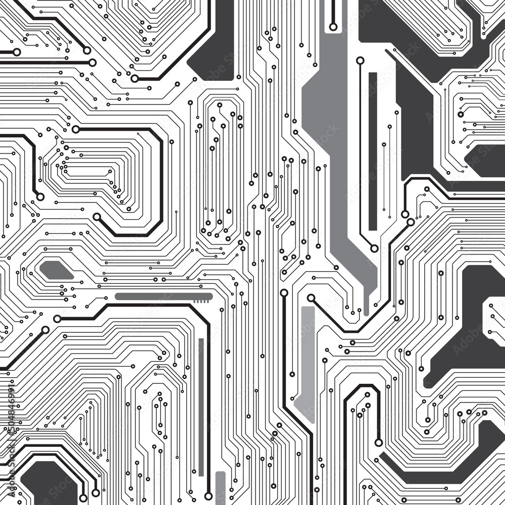 Poster Circuit board modern black and white color futuristic texture background vector. Technological PCB lines processing concept illustration.