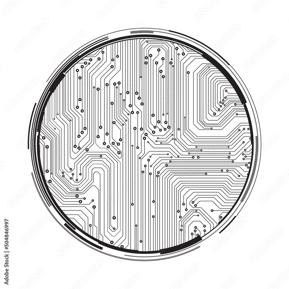 Poster Circuit board grayscale tone futuristic digital technology communication system background template vector design. HUD circle element technology control panel texture illustration.
