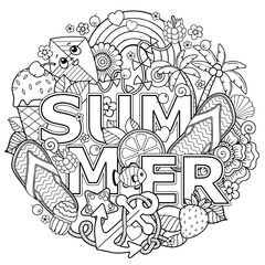 Doodle vector coloring page for adult. Set of summer elements for holidays, party and rest