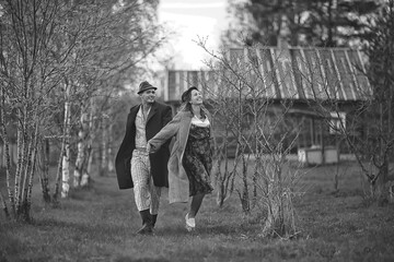 vintage couple in love village black and white french retro style man and woman