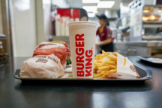 INCHEON, SOUTH KOREA - CIRCA JUNE, 2017: food served on a tray at Burger King. Burger King is an American global chain of hamburger fast food restaurants.