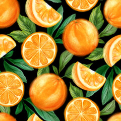 Juicy oranges seamless pattern. Bright summer design in a watercolor style.
