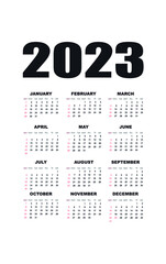 Calendar for 2023.Calendar template. design in black and white colors, holidays in red colors. Weeks start on Sunday.isolated on white background - vector template