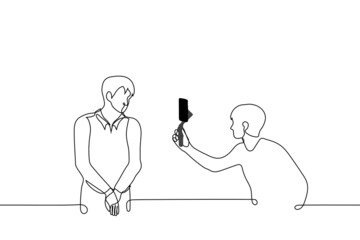 operator shoots shy man on phone with a stabilizer - one line drawing vector. concept of shooting content for video blogger, interviewing, shooting vertical video - obrazy, fototapety, plakaty