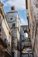 Famous clock tower in historical Split, Croatia
