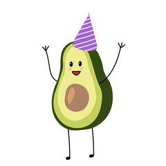 Vector illustration of an avocado character in a festive cap. Avocado birthday postcard