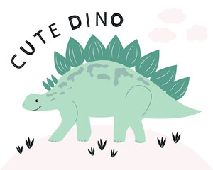 Cute dino hand drawn illustration. Funny dinosaur. Baby design of T-shirts, postcards, textiles, stickers. Wall art nursery. Kids print. Cartoon poster. Stegosaurus © Katerina