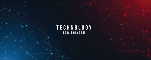 abstract technology low poly or polygonal background from lines, dots and glowing particles with red and blue lights