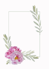 Watercolor hand drawn elegant frame with peonies for wedding invitations or holiday congratulations