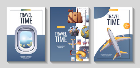 Set of flyers for travel, tourism, adventure, journey. Suitcase, airplane window, plane, camera, travel bag, globe. A4 vector illustration, flyer, cover, banner template. © TatyanaYagudina