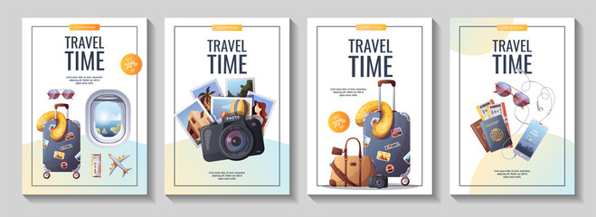 Set of flyers for travel, tourism, adventure, journey. Suitcase, airplane, camera, travel bag,  passport and tickets. A4 vector illustration, flyer, cover, banner template. - obrazy, fototapety, plakaty