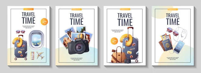 Foto op Canvas Set of flyers for travel, tourism, adventure, journey. Suitcase, airplane, camera, travel bag,  passport and tickets. A4 vector illustration, flyer, cover, banner template. © TatyanaYagudina