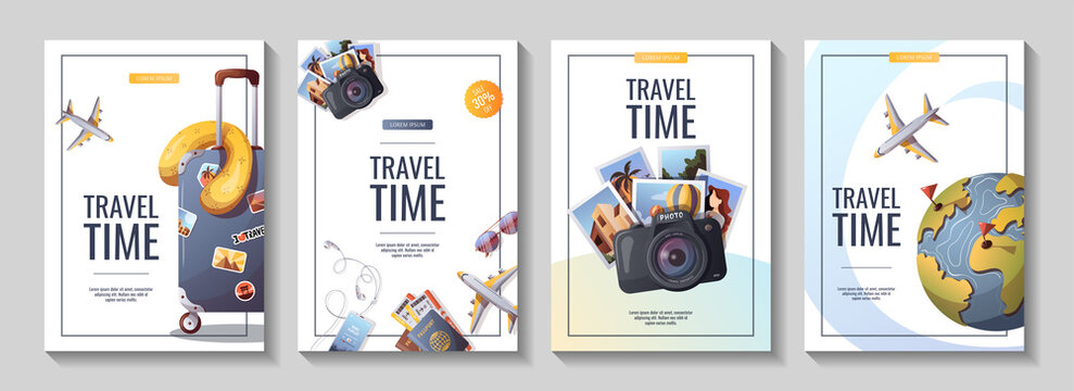 Set of flyers for travel, tourism, adventure, journey. Suitcase, airplane and globe, camera. A4 vector illustration, flyer, cover, banner template.