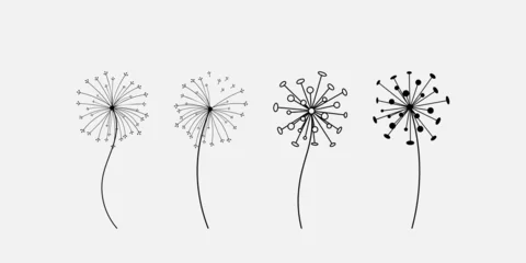 Fotobehang Hand drawn set of black dandelion, dandelion with flying seeds in cute doodle style. Vector illustration for fabric, card design, print, stamp or baby clothings. © Sabina