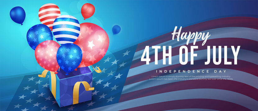 Realistic happy 4th of july independence day banner with balloons out of the gift box