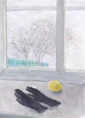 Tuinposter watercolor painting. gloves and lemon. illustration.  © Anna Ismagilova