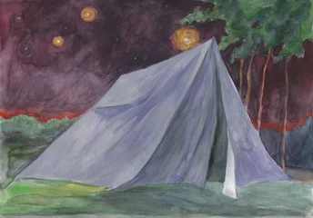 Fotobehang watercolor painting. camping tent.night forest. illustration.  © Anna Ismagilova