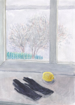 watercolor painting. gloves and lemon. illustration. 