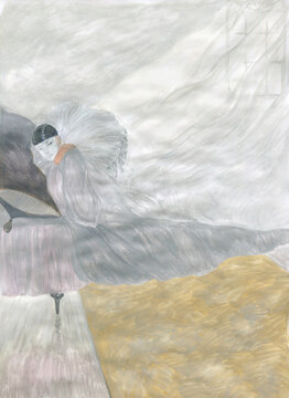 watercolor painting. sleeping Pierrot. illustration. 
