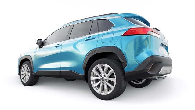 Tokyo, Japan. April 19, 2022: Toyota Corolla Cross 2020. Compact SUV blue with a hybrid engine and four-wheel drive for the city and suburban areas on a white isolated background. 3d illustration