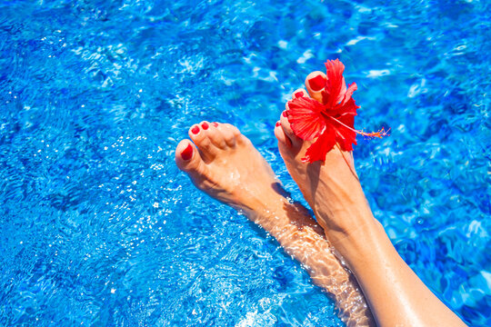 Woman feet with tropical flower in swimming pool