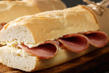  French sandwich crusty baguette, lightly salted butter and thinly sliced ham, ideally Jambon de...