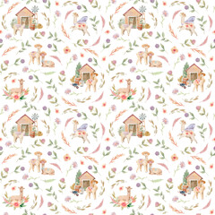 Seamless (surface) pattern with cute alpacas (llama) and floral elements.
