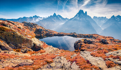 Spectacular autumn view of Chesery lake (Lac De Chesery), Chamonix location. Impressive outdoor...