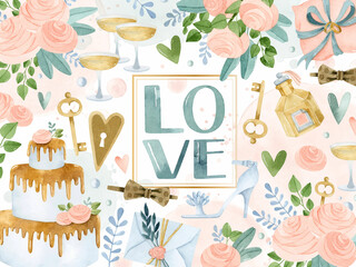 Love wedding elements watercolor background wallpaper
