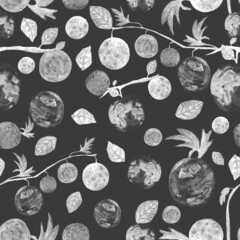 Watercolor pattern black and white fantasy planets on a branch, hand drawn illustration seamless for your design