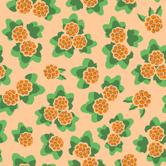 Seamless pattern with cloudberries; ripe large cloudberry with green leaves on orange background for wrapping paper, packaging, fabric, textile and other design. Vector illustration. - 504856919