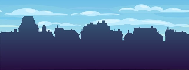 Street silhouette with cloudy weather. Small city houses residential quarters. Cityscape with buildings Housing. Horizontal seamless composition. Vector