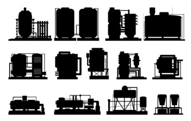 Set of Production plant. Silhouette of objects. Isolated on white background. Industrial technical equipment. Factory chemical. Modern technology enterprise. Vector