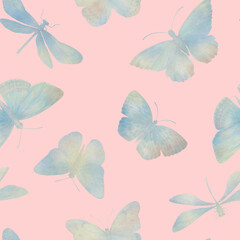 Delicate watercolor butterflies for design. Seamless botanical pattern. Abstract pattern of butterflies on colored paper for print, textile, wallpaper, scrapbooking