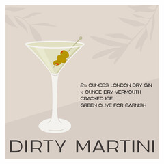 Dry Martini Cocktail in glass with ice and stuffed olives on skewer. Summer aperitif recipe retro elegant square card. Print with alcoholic beverage and olive tree on background. Vector illustration.