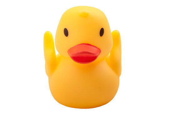 Children hygiene, floating bathtub classic toys and kids fun concept with front view of single old-fashioned yellow rubber duck and no people isolated on white background with clipping path cutout