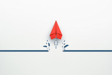 Concept of overcoming barriers, goal, target with red paper plane breaking through obstacle on white background - obrazy, fototapety, plakaty