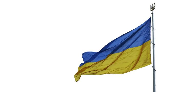 Ukraine flag on white sky, slow motion. Yellow-blue Ukrainian flag waving with Tryzub coat of flagpole arms. National Ukraine country symbol. Blue and yellow flag wind waving background. 4k footage