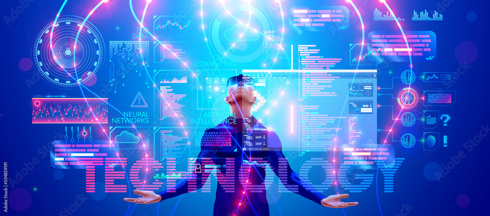 Aufkleber VR technology in industry. Man in VR glasses in virtual reality looking at projection of HUD holographic interface. Futuristic scientist working in Augmented reality or AR headset in cyberspace.