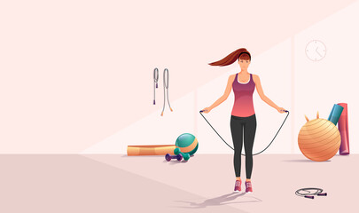 Fitness girl jumping rope sport gym. Slim, fit female jumps activity. Athletic brunette young woman jump. Active sports training, workout, exercise equipment. Healthy lifestyle. Vector illustration © GN.STUDIO