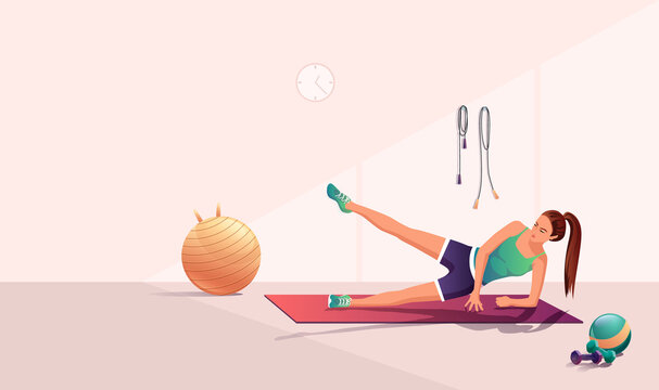 Fitness girl raise, lift leg exercise gym. Slim, fit female sport training. Sports activity indoor. Athletic brunette young healthy active woman laying on mat, strength workout. Vector illustration