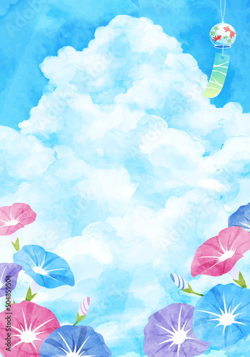 朝顔と入道雲と風鈴の夏のベクターイラスト水彩背景 Art Holiday Card Postcard Background Canvas Print Backgrou Honyojima