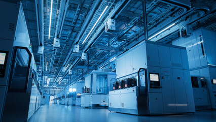 Wide Shot Inside Advanced Semiconductor Production Fab Cleanroom with Working Overhead Wafer...
