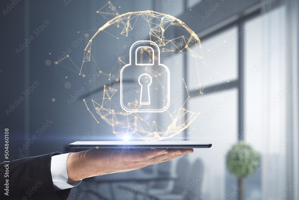 Poster Global digital security concept with glowing lock symbol in round technological sphere projected from digital tablet on man hand
